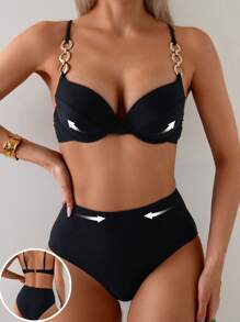 Shapewave New Summer Holiday Push-Up Padded Chainlink Strap Spaghetti Strap Bikini Set With High-Waist Solid Color Swimwear - Black - View 3