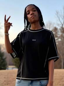 SHEIN Tween Boys Casual Short Sleeve T-Shirt, Sports Streetwear Punk Rock Preppy Style For Everyday, Parties, Music Festivals, Suitable For Spring/Summer - Black and White - View 3