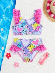 SHEIN Young Girl Heart Print Ruffle Edge Swimsuit Set - Multicolor - View 1