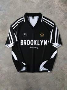 Manfinity Campus Court 男士夏季休闲拼色条纹字母印花短袖 Polo 衫布鲁克林衬衫针织衫，适合秋季 - 黑色 - 查看 1