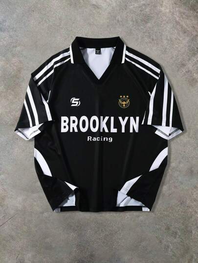 Manfinity Campus Court 男士夏季休闲拼色条纹字母印花短袖 Polo 衫布鲁克林衬衫针织衫，适合秋季