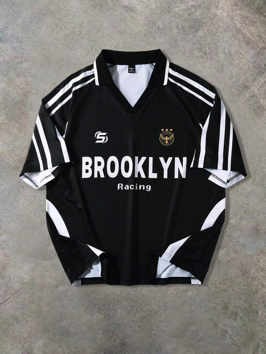 Manfinity Campus Court 男士夏季休闲拼色条纹字母印花短袖 Polo 衫布鲁克林衬衫针织衫，适合秋季 - 黑色 - 查看 1