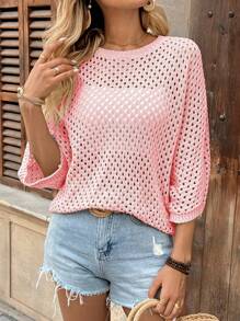 EMERY ROSE Casual Loose Fit Crew Neck Batwing Sleeve Hollow Knitted Apricot Color Sweater, For Women, Spring & Autumn - Pink - View 3