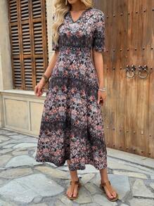 EMERY ROSE Vestido de línea A de longitud media con cuello en V y estampado floral diminuto, estilizador, de estilo veraniego - Vestido elegante ajustado y estampado floral diminuto al estilo francés - Vestido floral diminuto vintage - Vestido casual