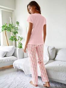 RueChic Ensemble de pyjama court à manches courtes avec slogan et motif à carreaux, avec masque pour les yeux, pour femmes