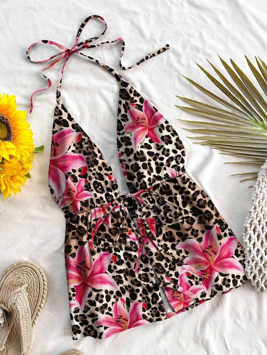 Soleia Áo hở lưng dệt kim họa tiết da báo và hoa, vừa vặn cho kỳ nghỉ bãi biển của phụ nữ, thích hợp cho mùa hè - Nhiều màu - Xem 1