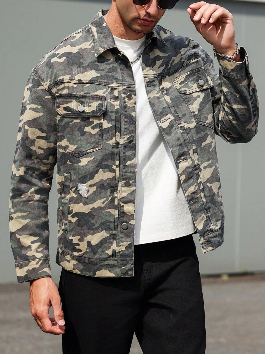 Manfinity Homme Men Camouflage Print Single Breasted Front Pocket Denim Jacket, Fall - Army Green - View 1
