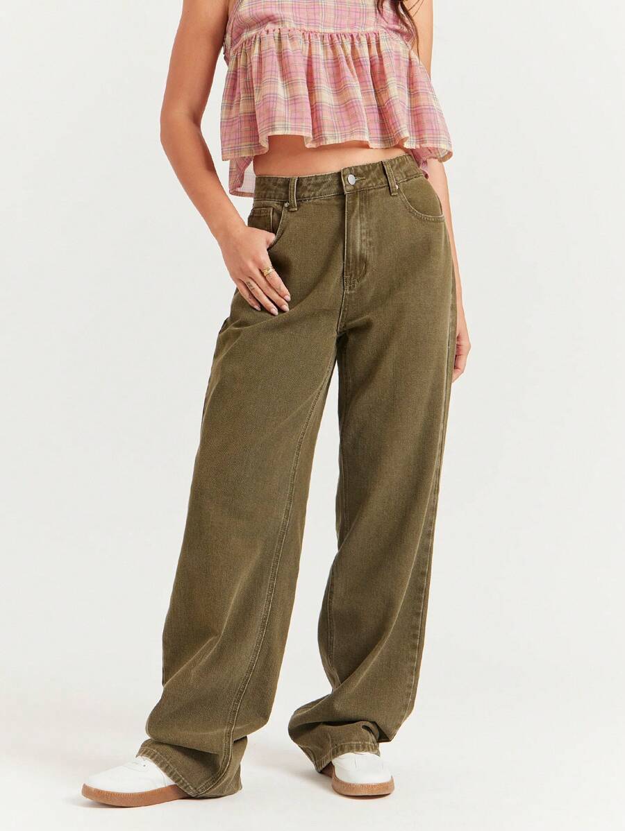 WESTFADE 优质91%纯棉90年代直筒牛仔裤 - 綠色 - 查看 1