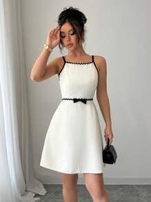 Selianne Váy ngắn họa tiết vải chất lượng cao màu mơ mùa hè cho nữ, sóng đen, ruy băng, màu tương phản, thiết kế trang trí - Màu be - Xem 3