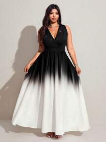 Viva Relle Plus-Size Women's Elegant Gradient Color Slimming Sleeveless Halter Long Dress - Black and White - View 4