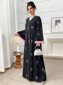 Yasmyna 女士蝴蝶印花喇叭袖阿拉伯长袍开衫，端庄长袍 - 黑色 - 查看 5