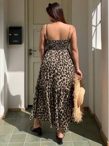 Dazy Plus Vestido largo de tirantes estilo A con estampado de leopardo, para talla grande, estilo de vacaciones, atuendo de crucero de verano para mujeres - Caqui - Ver 2