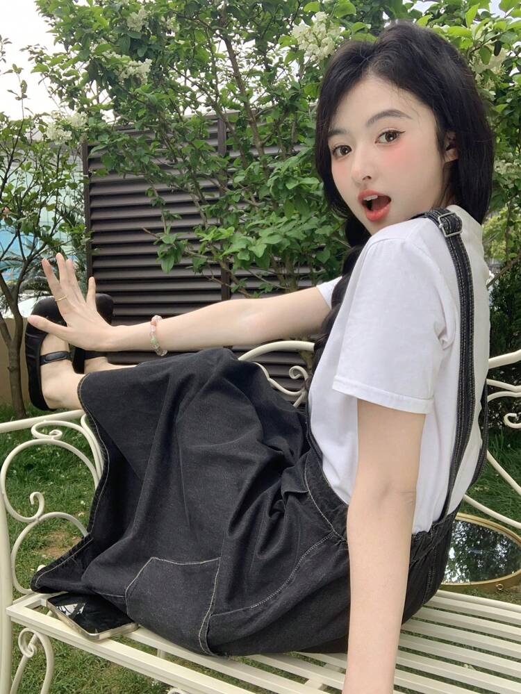 Women Summer Casual Denim Pinafore Mid-Length Dress, Washed Style