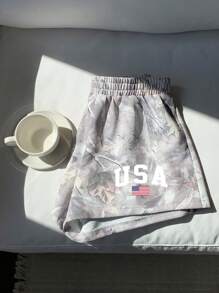 SHEIN EZwear 女士休闲简约迷彩与裸树枝与美国国旗印花中腰宽松短裤，适合夏季