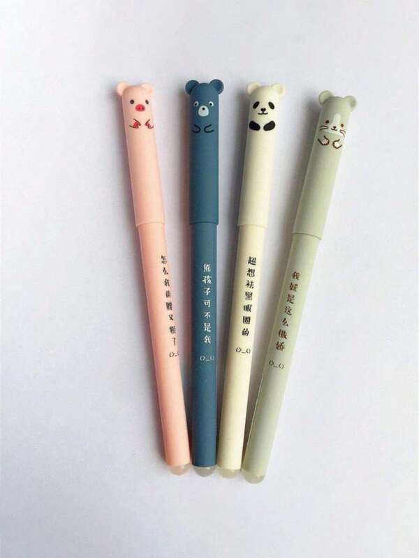 Conjunto de 4 canetas de gel apagáveis Kawaii Pig Bear Cat Mouse, material de escritório e papelaria, presente, 0,35 mm, tinta azul e preta, volta às aulas