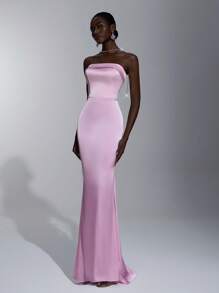 SHEIN Belle Blush Pink Spring Elegant Formal Party Wedding Bridesmaid Dress,Strapless Rhinestone Chain Decor Open Back Bodycon Fishtail Silhouette - Baby Pink - View 5
