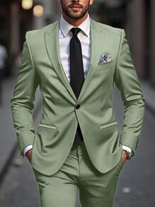 Conjunto de traje casual de chaqueta y pantalones de unicolor con cuello de solapa y manga larga para hombre - Verde - Ver 8