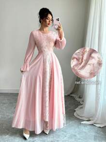 Modelyn Mesh Embroidered Patchwork Chiffon Flare Sleeve Dress For Women Fall Cloth For Women - Pink - View 4