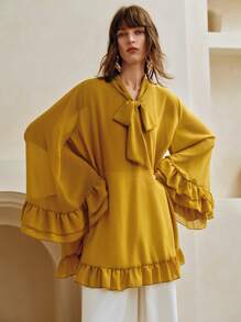Aveloria Women Chiffon Ruffle Hem V-Neck Bowknot Fashionable Commuter Elegant Solid Color Long Loose Blouse,Summer Tops,Long Sleeve Top,Festival,Country Concert,Bohemia,Boho - Mustard Yellow - View 5