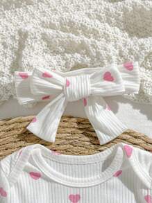 4pcs Set Newborn Soft Cozy White Textured Fabric Cute Heart Print Long Sleeve Romper, Pants, Headband, Baby Wrap Swaddle Sleepwear Set - White - View 6