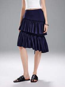 LYSMO Asymmetrical Pleated Blue Skirt, Fashionable For Summer - Navy Blue - View 4