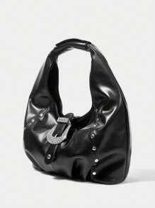 SHECARRY 女士时尚钻石扣单肩包，日常使用 - 黑色 - 查看 2