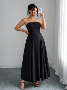 Elenzga Vestido de línea A con cintura fruncida, sin tirantes, de unicolor y elegante para mujer de talla grande