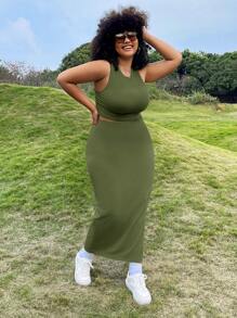 SHEIN EZwear Set de 2 piezas de chaleco de punto y minifalda en verde militar para mujeres