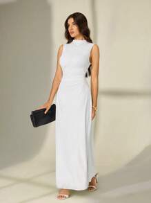 SHEIN Tall Valentine's Day New White Stand Collar Sleeveless Ruched A-Line Maxi Dress, Elegant Romantic Date & Work Outfit,Summer Dresses For Women,Tea Party Dress,White Graduation Dress,Business Casual Woman - White - View 5