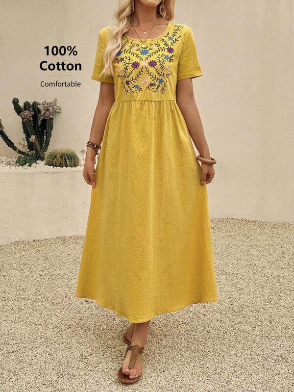 EMERY ROSE Vestido casual de manga corta y cuello redondo de longitud media, adecuado para el verano
