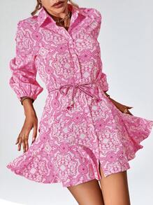 Aveloria Modichic Random Printed Long Sleeve Dress Fall Cloth For Women - Hot Pink - View 4