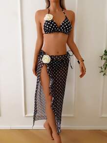 Bonvoyette 3 件套女士花卉 3D 装饰吊带性感沙滩度假波尔卡圆点印花比基尼泳装套装，春夏 - 黑與白 - 查看 6