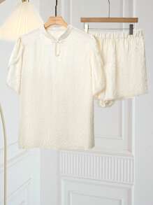 SHEIN LUNE Plus Size Elegant High Collar Button Placket Slit Short Sleeve Top And Shorts Set - Apricot - View 1