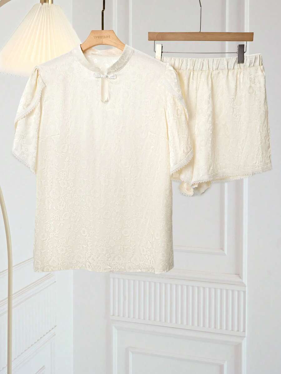 SHEIN LUNE Plus Size Elegant High Collar Button Placket Slit Short Sleeve Top And Shorts Set - Apricot - View 1