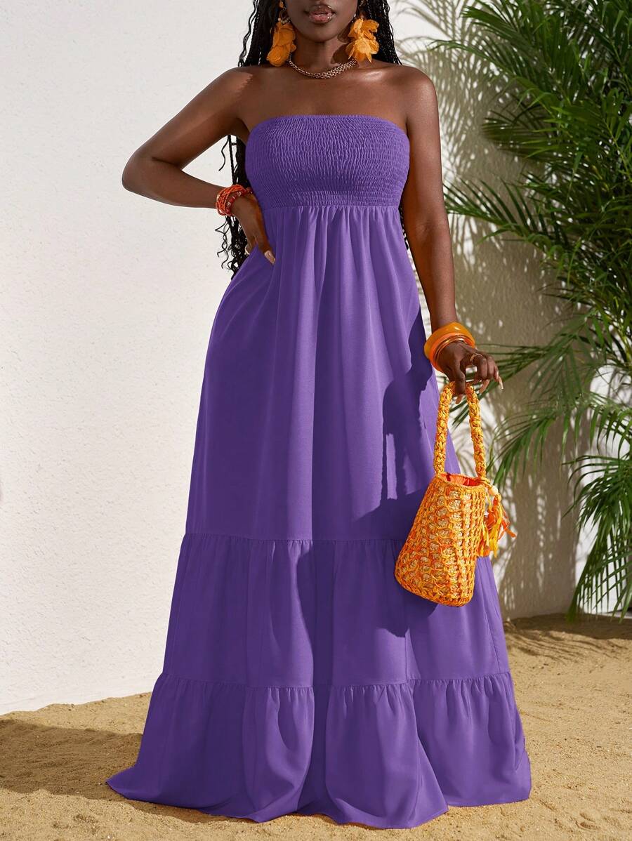 Slaydiva 荷叶边露肩度假长裙，夏季时尚 - 紫色 - 查看 1