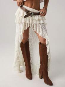 SHEIN ICON Women's Super Low Waist Lace Cake Layered Asymmetric Skirt - Apricot - View 3