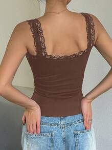 DAZY Women's Lace Patchwork Wide Strap Simple Casual Top, Everyday Wear - Brown - View 3