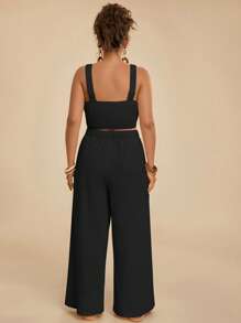 Travachic Plus Size Solid Color Square Neck Sleeveless Top And Pocket Decorated Pants Set, Casual,Summer Outfits For Women - Black - View 2