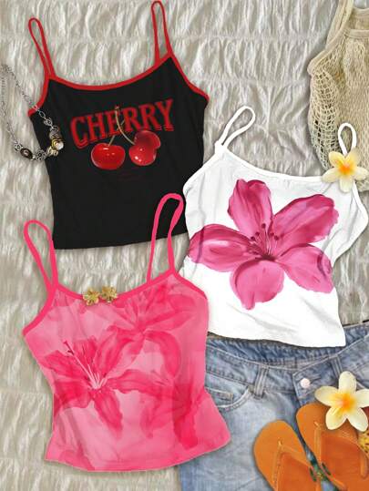 Attitoon 3 Set Multicolor Women's Fashion Cherry & Floral Print Cami Top, Suitable For Summer