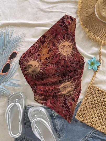 Soleia Áo thun mùa hè họa tiết Paisley & hoa cỡ lớn cho nữ, phong cách tối giản đơn giản