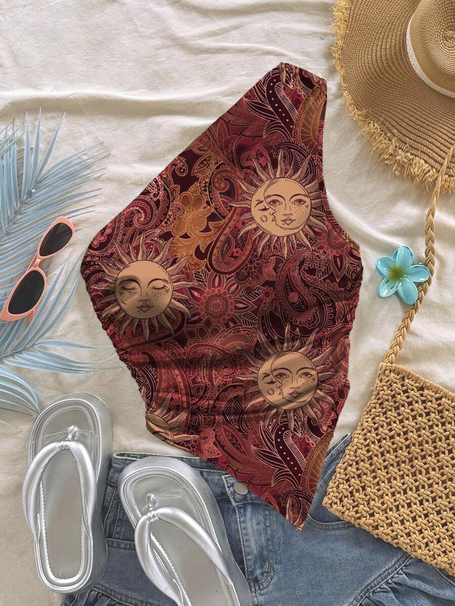 Soleia 大码女式复古佩斯利花纹和花卉图案休闲夏季上衣，简约风格 - 彩色 - 查看 1