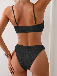 SHEIN Swim Bộ đồ bơi hai dây xếp ly họa tiết spaghetti dành cho nữ, trang phục đi biển mùa hè - màu đen - Xem 2