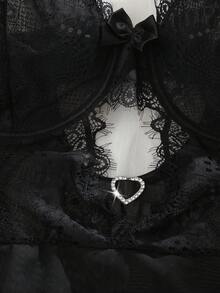 Seduluxe 2pcs Sexy Black Lace Patchwork Lingerie Set (Without Garter Belt) - Black - View 3