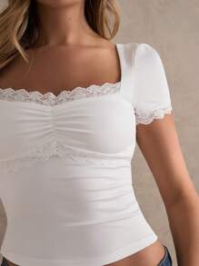 Glamine Women's Summer White Top, Fashion White Knit Short Sleeve Casual T-Shirt, Square Neck And Lace Trim Casual T-Shirt