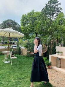 DAZY 女士夏季休闲牛仔背带中长连衣裙，水洗款式 - 藍色 - 查看 5