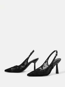 CUCCOO HITCHD 女士新款夏季刺绣蕾丝尖头优雅浪漫黑色网眼新娘婚礼派对细高跟鞋 - 黑色 - 查看 11