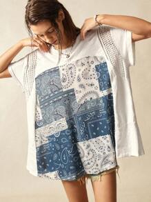 Bohemela Plus Size Women Summer Casual Vacation Patched Paisley Print Lace Patchwork Loose T-Shirt - Multicolor - View 4