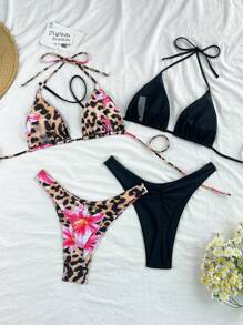 Swim Vcay New Style Leopard Print & Solid Halter Top With High Cut Bottoms Bikini Set Set, 2pcs For Summer Beach Vacation - Multicolor - View 2