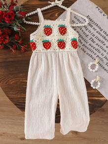 SHEIN Vintaside Kids Monos de verano para niñas, petos con estampado lindo, estilo europeo y americano de corte holgado, para bebé - Albaricoque - Ver 2