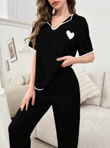 1套女士休闲心形印花睡衣套装